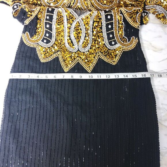 Vintage Ensemble SZ L Fully Beaded Sequin Black Gold Cocktail Formal Prom Dress - Picture 6 of 10